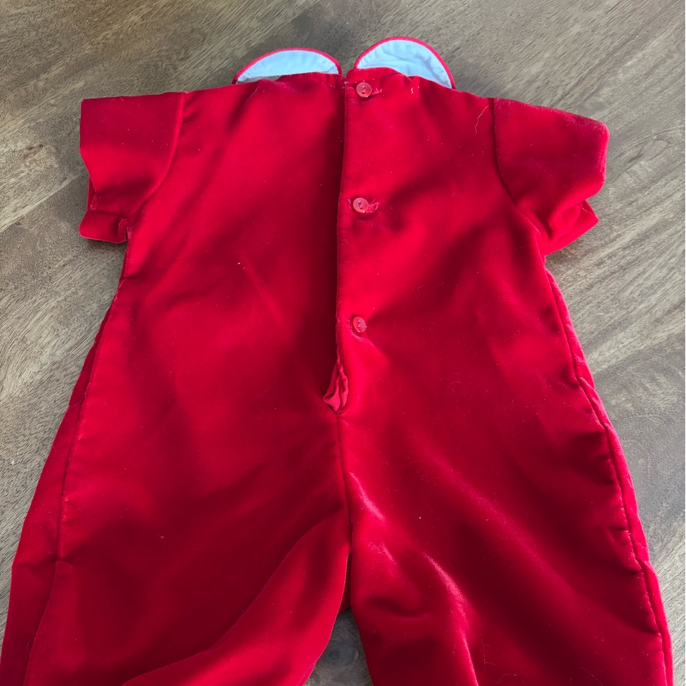 Vintage Red Velour Baby Romper with Train Embroidery - Picture 5 of 5